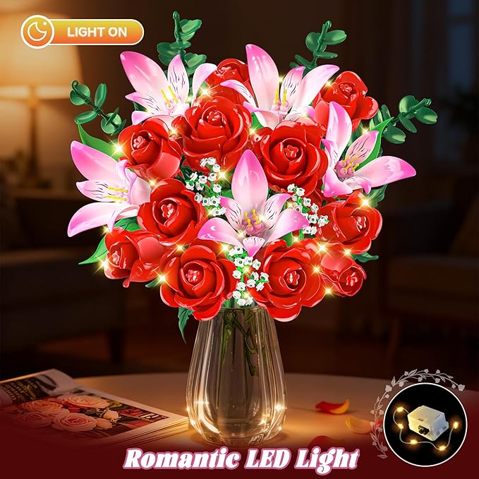 Rose Flower Bouquet Building Set with LED - Red Rose Botanical Collection Building Block Set for Adults Pink Lilies Artificial Plant for Home Decor Easter Gifts for Her Women Girls