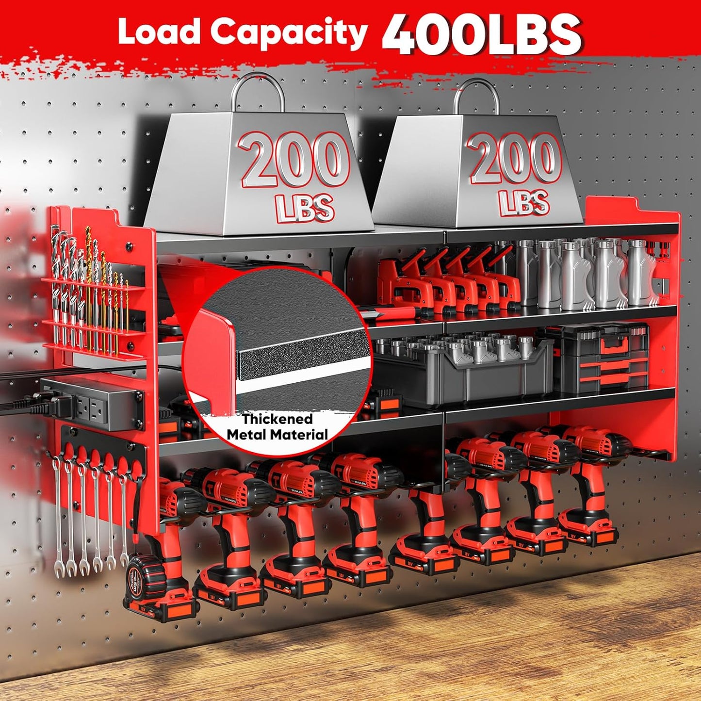 POKIPO Large Power Tool Organizer - Heavy Duty Wall Mount Storage Shelf with Charging Station | 600lbs Capacity, 4 Outlet Power Strip, 8 Drill Holders