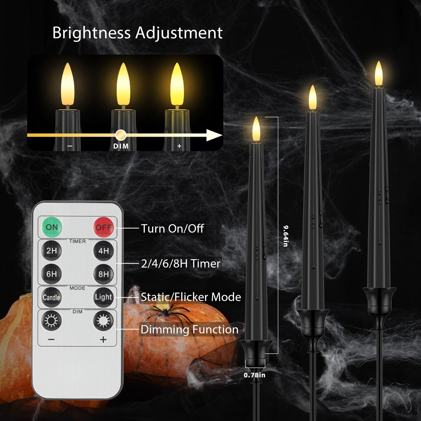 SHENSY 3 Pack Halloween Black Flameless Taper Candles –Drip Real Wax Battery Operated LED Candlesticks with 3D Flickering Flame, Remote & Timer – Haunted Decor for Spooky Tables & Windows