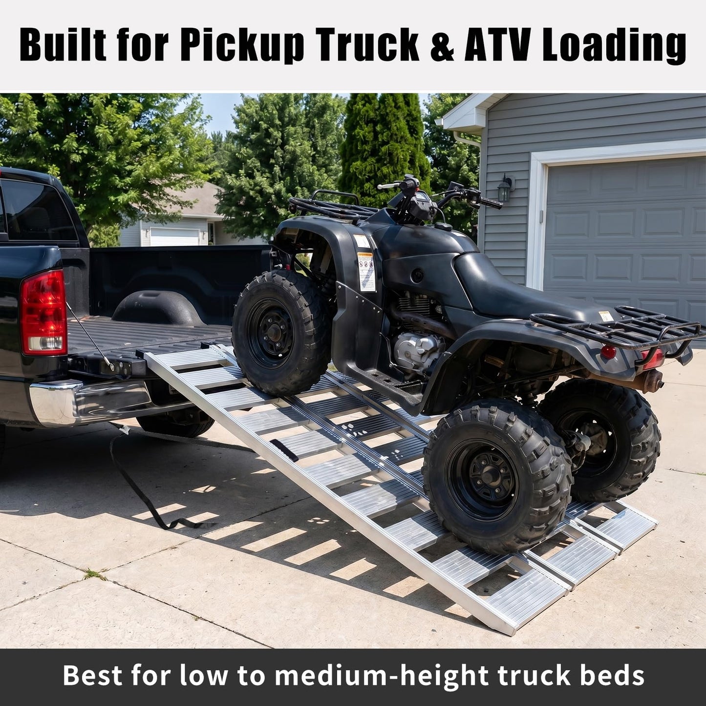 MAXIVAMN Aluminum Tri-Fold ATV Loading Ramp, 76" x 50" Wide Platform, 1500 lb Capacity with Safety Straps for Lawn Mower, Snow Blower, Motorcycle, Pickup Truck