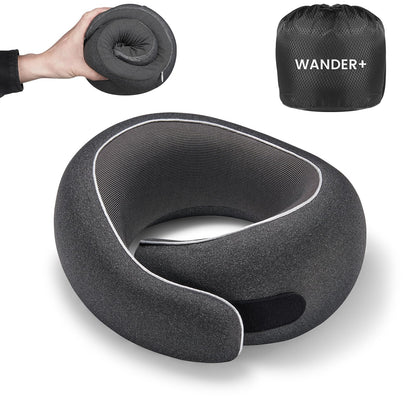 WANDER PLUS® Travel Pillow, 100% Pure Memory Foam Travel Neck Pillow Airplane Neck Support Ergonomic Design Best for Sleeping Plane Car Train Office Flight for Adults Black