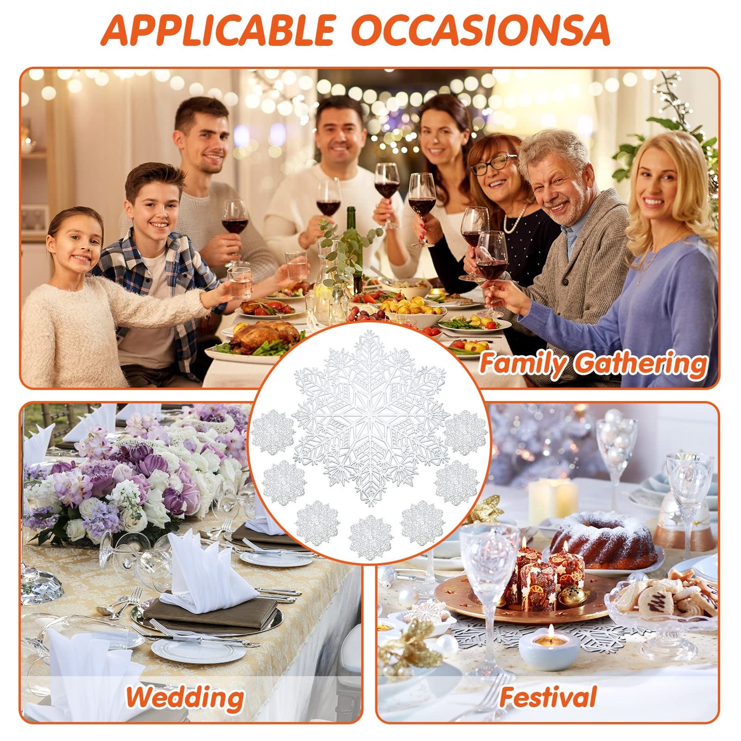 Sieral Snowflake Placemats and Coasters Set Pressed Vinyl 15 Inch Placemats and 4 Inch Coasters for Christmas Winter Wedding Party Dinner Table Decoration(Silver,24 Sets)