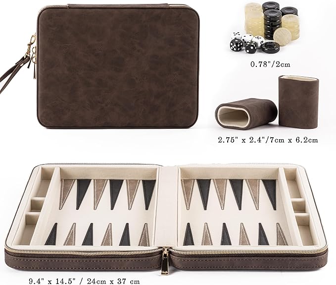 Backgammon Sets for Adults Classic Board Game with Folding Faux Leather Backgammon Case Portable Travel Backgammon Game Set (Brown)