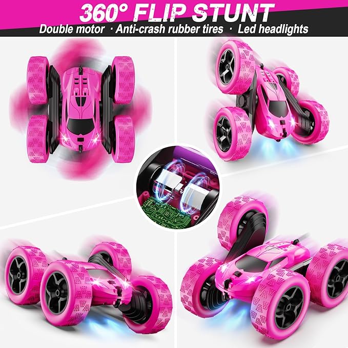 RC Cars Rose Remote Control Car for Girls 2.4 GHZ Double Sided RC Stunt Car 360° Rotating Remote Control Crawler with Headlights Car Toys for 6 7 8 9 10 11 12 Girls Birthday Gift