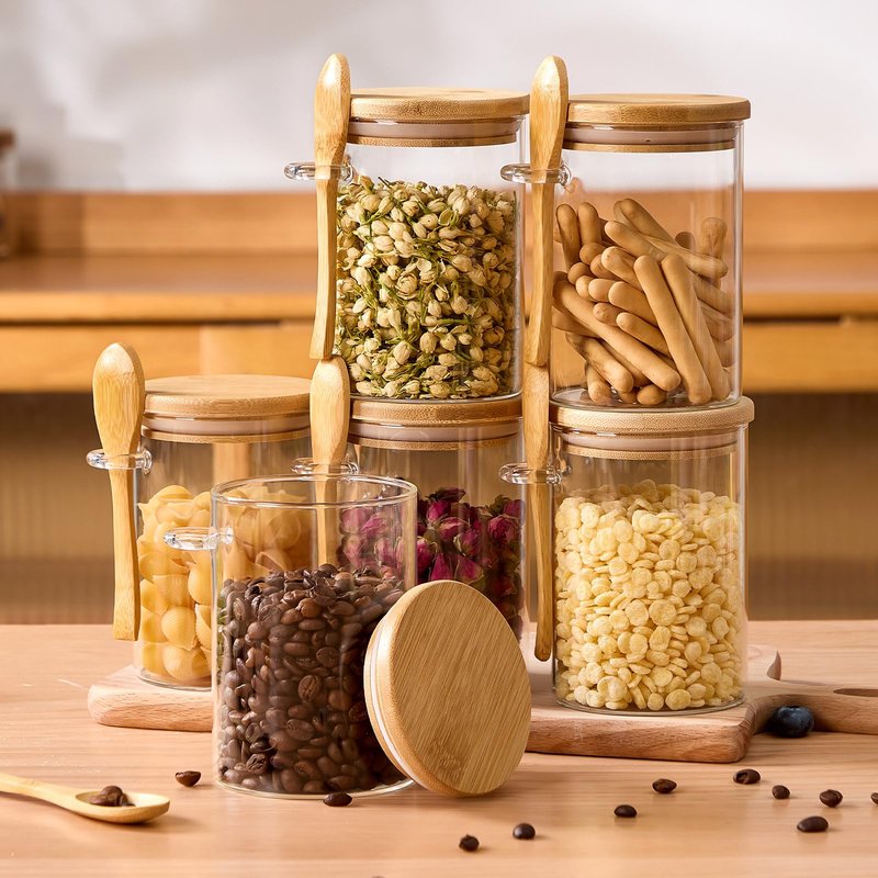4 Pack Overnight Oats Containers with Bamboo Lids and Spoons - 22 oz Airtight Glass Jars with Lid, Meal Prep Jars for Chia Pudding, Yogurt, Salad, Cereal, Coffee, Flour | Food Storage Canister