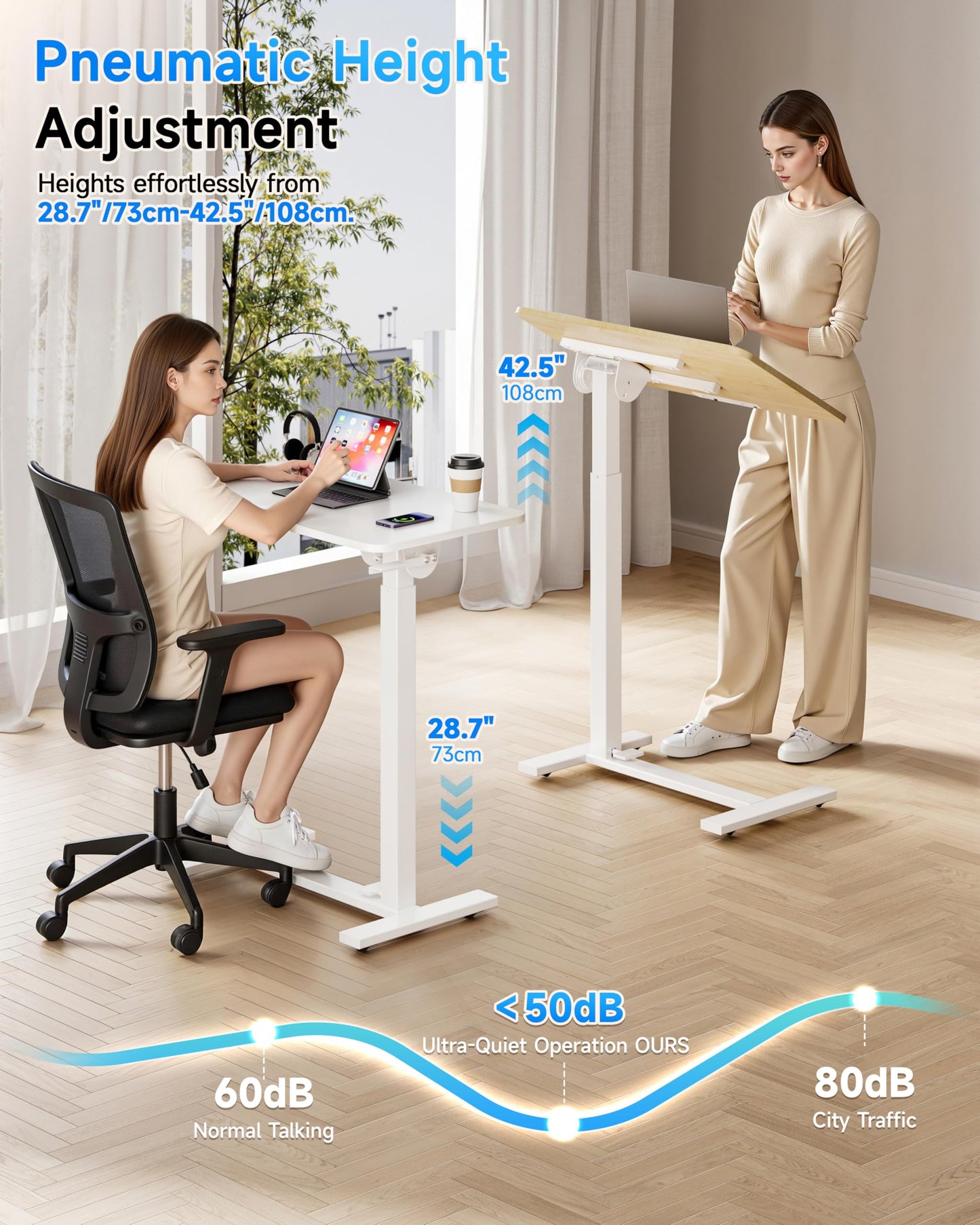 BIZUM Mobile Standing Desk Laptop Desk Pneumatic with Wheels 180° Tilt Top Hospital Bed Table Portable Rolling Cart Foldable Bedside Table for Hospital&Home Use, White