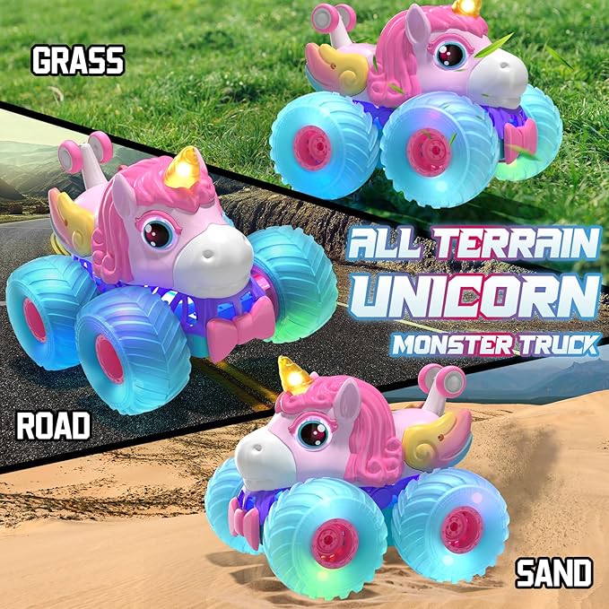 Lehoo Castle Remote Control Car for Girls 360° Rotating Unicorn Monster Truck with Light &amp Music 4WD All Terrain RC Stunt Car Rechargeable 2.4GHz RC Truck for 3 4 5 6 7 8 Girls Birthday Gift