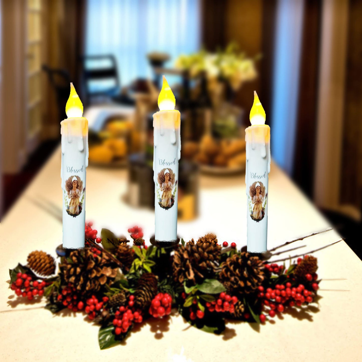 TAIANLE.Battery Operated Taper Candles with Timer, 6.75 Inch Set of 4 Primitive Flameless Taper Candles Flickeirng Flame,Angel Blessed Decor Halloween Wedding Christmas Window Decor