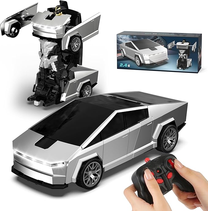 Transform RC Cyber Pickup Truck Cars Robot Toy for Kids 2.4GHz Remote Control Car with One-Button Deformation 360° Rotation LED Lights Valentine's Day Birthday Gifts for Boys Age 4-7-8-12（1:18 Scale）