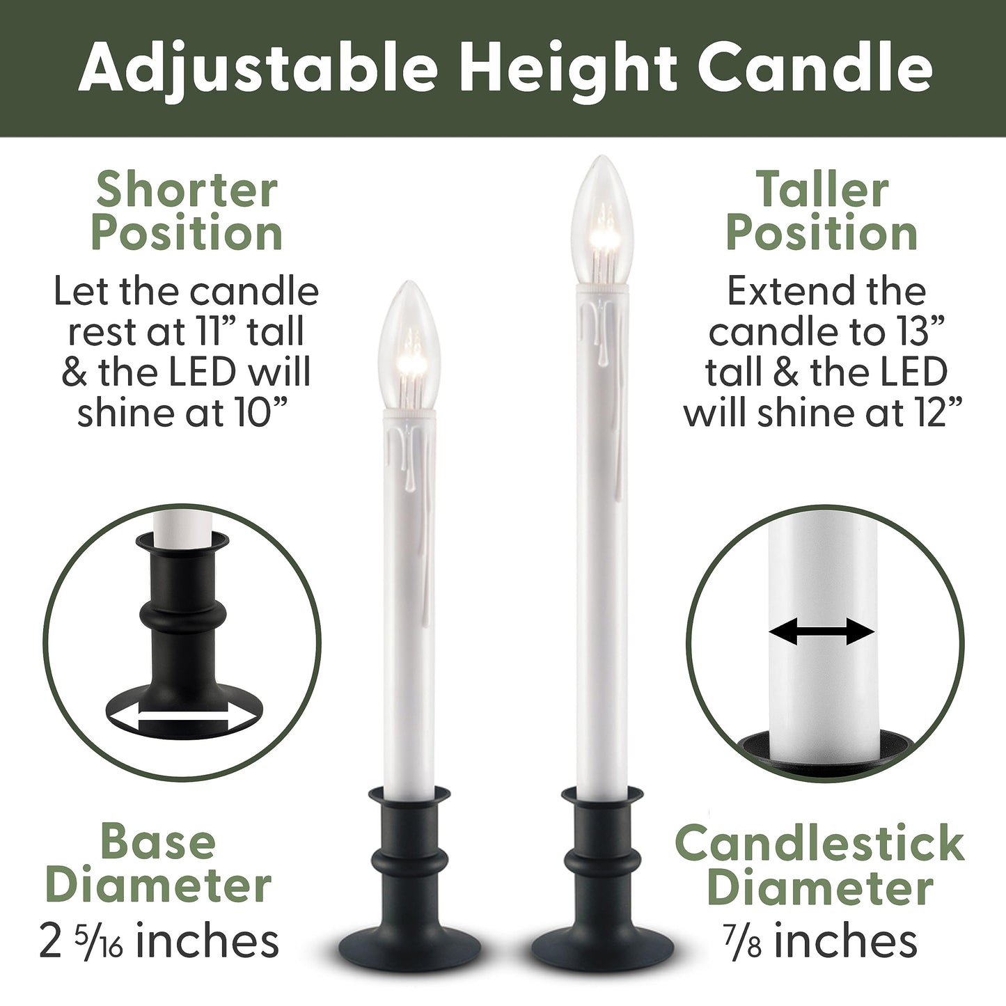 612 Vermont Ultra-Bright LED Window Candles with Timer, Battery Operated, Metal Base, White Candlestick, Adjustable Height (Pack of 4, Matte Onyx)