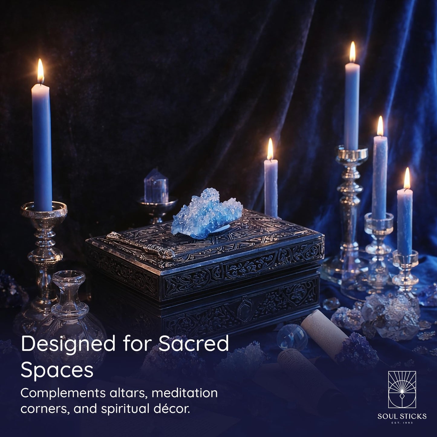 SOUL STICKS Tranquility Magic Spell Chime Taper Candles 20 Pack - Ideal for Altar, Rituals, Ceremonies, Meditation Blue Tapered Candle for Witchcraft Supplies, Wiccan Supplies, Candles Clearance