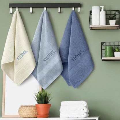 FuWeave Hand Towels Set - Rustic Embroidered Cotton for Bathroom & Kitchen | 3 Pcs Blue Home Sweet Home Decor