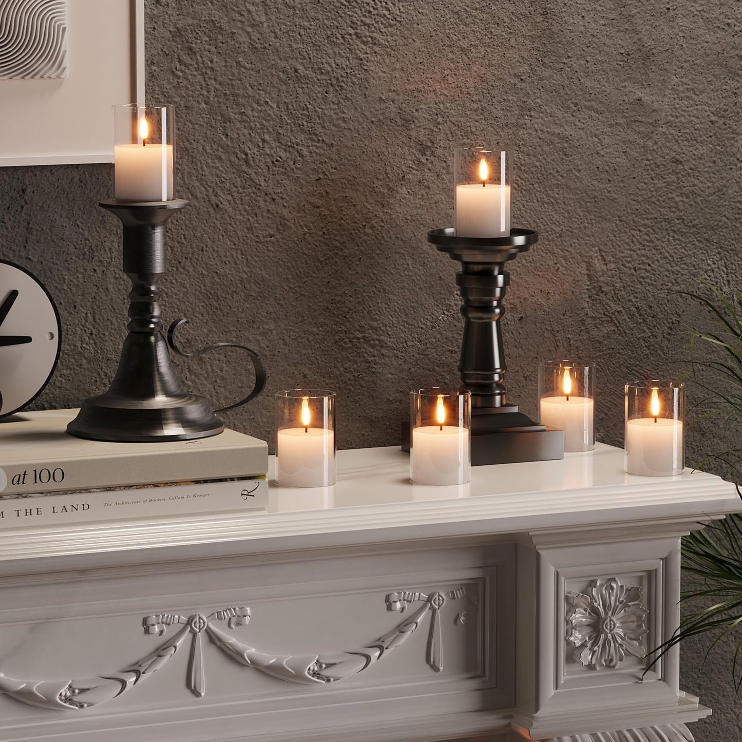VIODAIM 12Pack Glass Flickering Flameless Candles with Remote, 2"X3" Real Wax Votive Candles Battery Operated, Small Electric LED Candles for Wedding Home Decor, w/4 Timers+2 Lighting Modes [Clear]