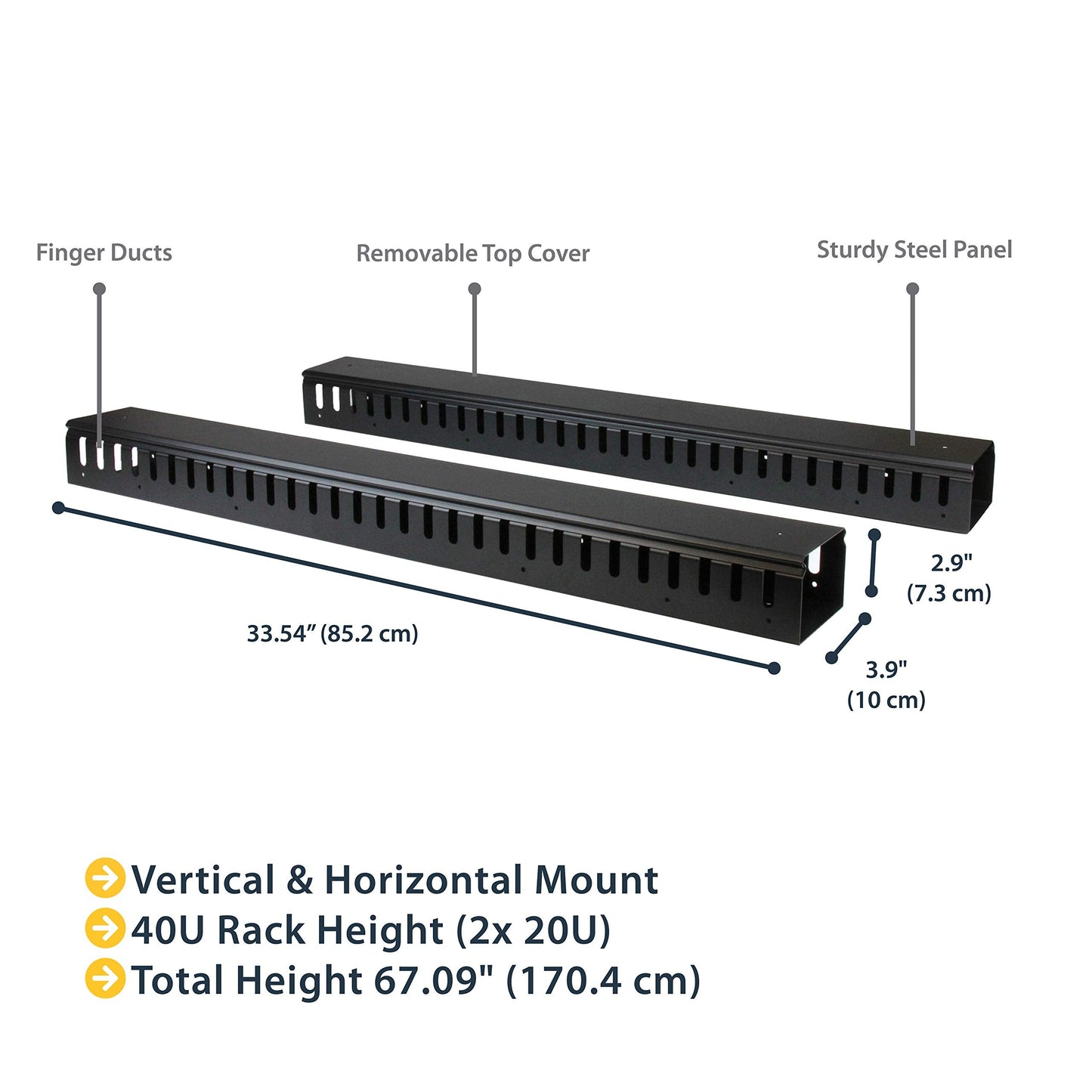 StarTech 2-Pack 20U Vertical Cable Organizer with Finger Ducts, Vertical Cable Management Panel, 40U Rack-Mount Cable Raceway, 2x 3ft (91cm) Wire Organizers