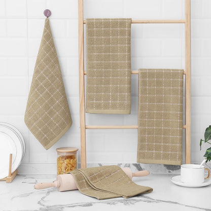 Homaxy 100% Cotton Terry Kitchen Towels(Tan, 13 x 28 inches), Checkered Designed, Soft and Super Absorbent Dish Towels, 4 Pack