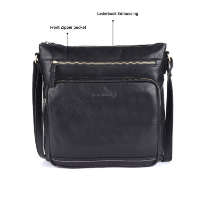 LEDERBUCK Olga Women's Extra-Large Genuine Leather Crossbody Purse – Soft Triple-Zip Shoulder Bag (Black)