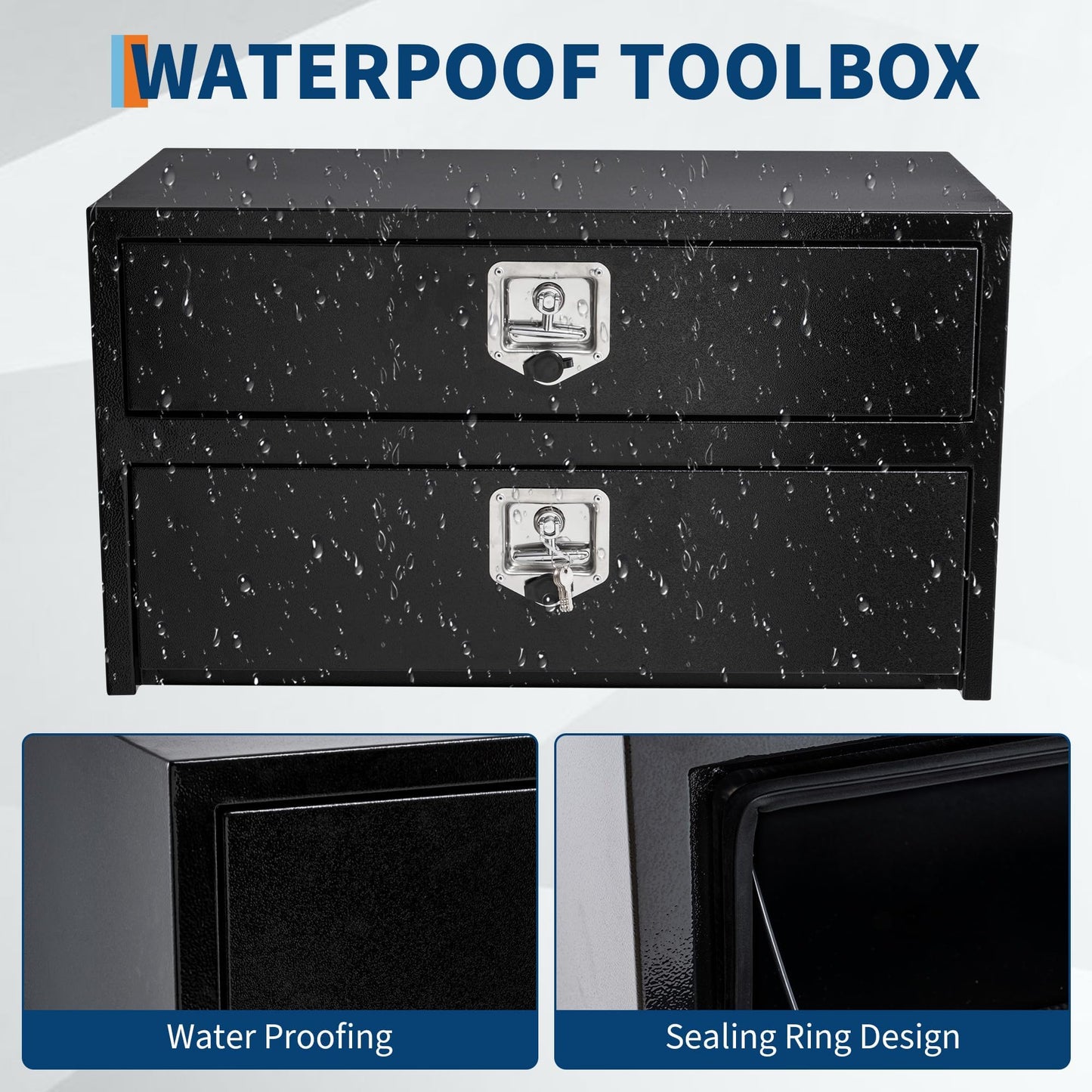 24'' Black Steel Truck Tool Box with Drawer, Heavy Duty Two-Tier Underbody Storage Organizer with Lock and Keys, Waterproof Pickup Truck Bed Toolbox for RV, Trailer, Cargo Equipment 24" x 18" x 20''
