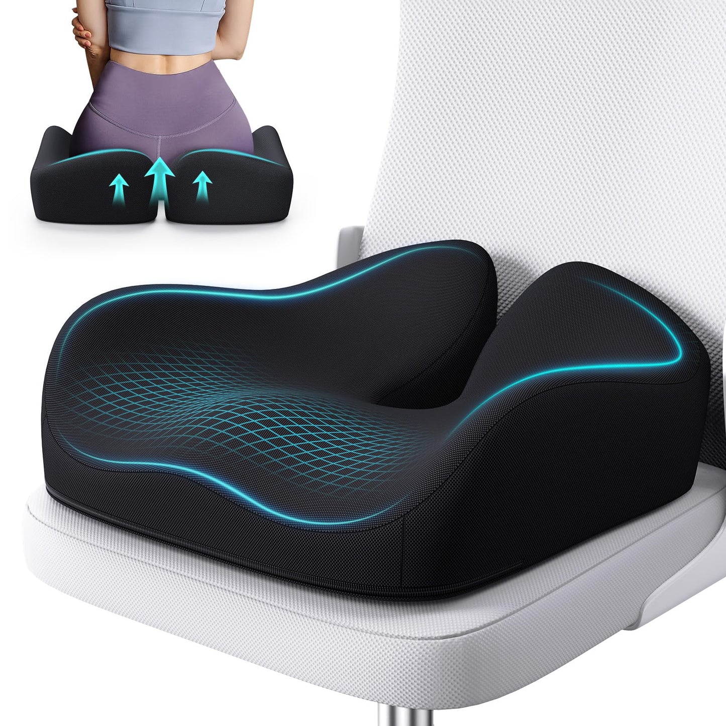 Benazcap Seat Cushion, Memory Foam Cushions for Office Chair - Ergonomic Chair Cushions for Tailbone Pain Relief, Sciatica & Back Support, Office Chair Cushion & Car Seat Cushion
