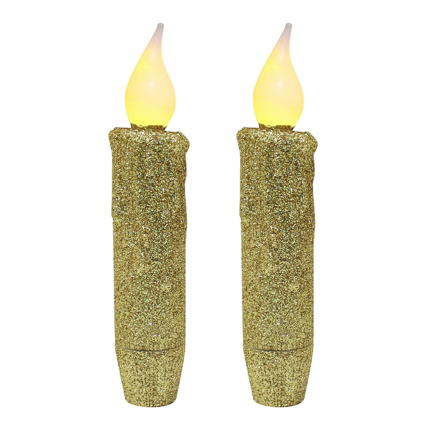 CVHOMEDECO. Glitter Flameless Candles Flickering Battery Operated LED Taper Candles with Timer for Home, Wedding, Halloween, Christmas Decor. Gold, 4-3/4 Inch, Set of 2