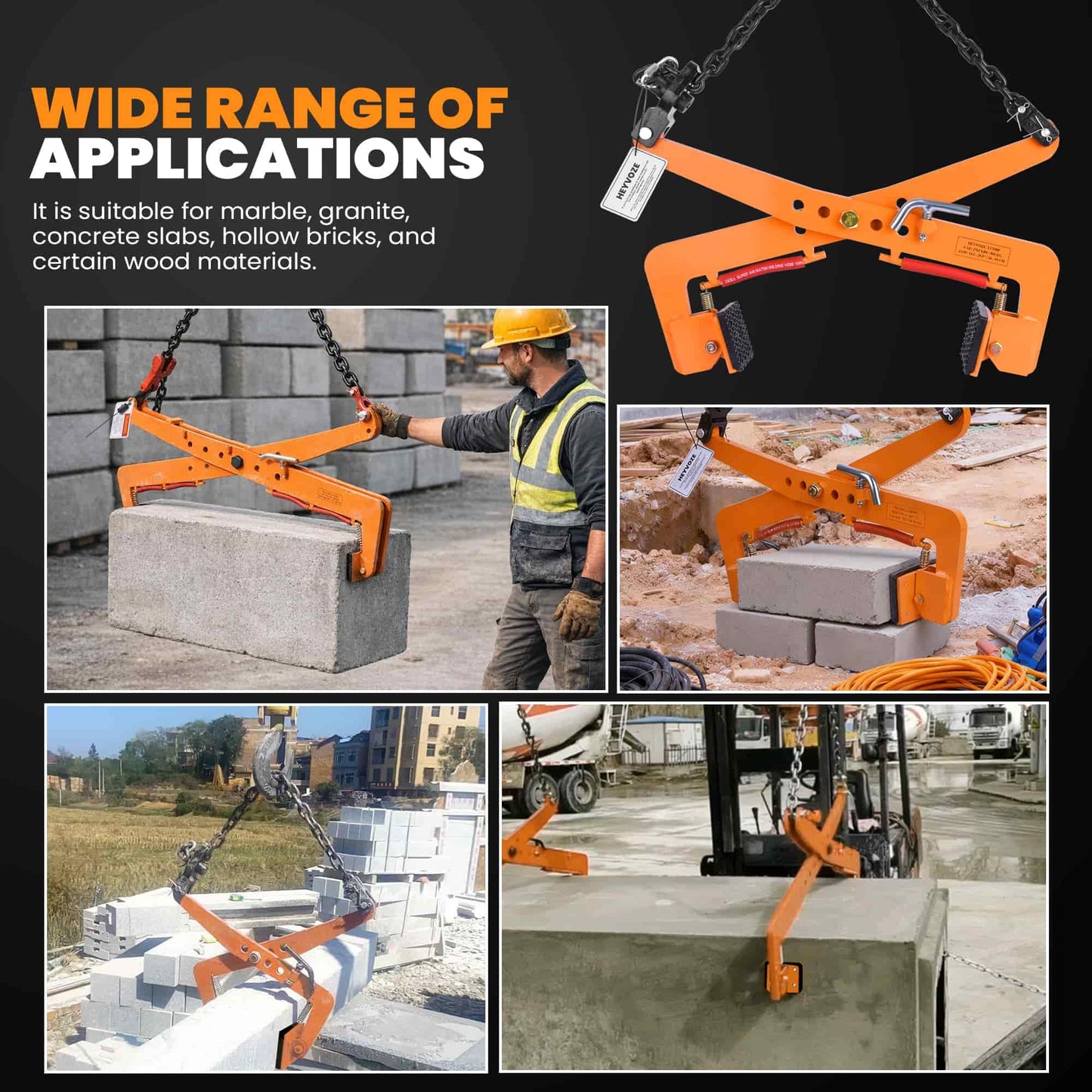 HEYVOZE 1763 lbs Heavy-Duty Stone Lifting Clamp, 14.2–35.5 in Opening Range, Granite Slab Lifting Clamp for Vertical Hoisting of Stone Slabs and Blocks