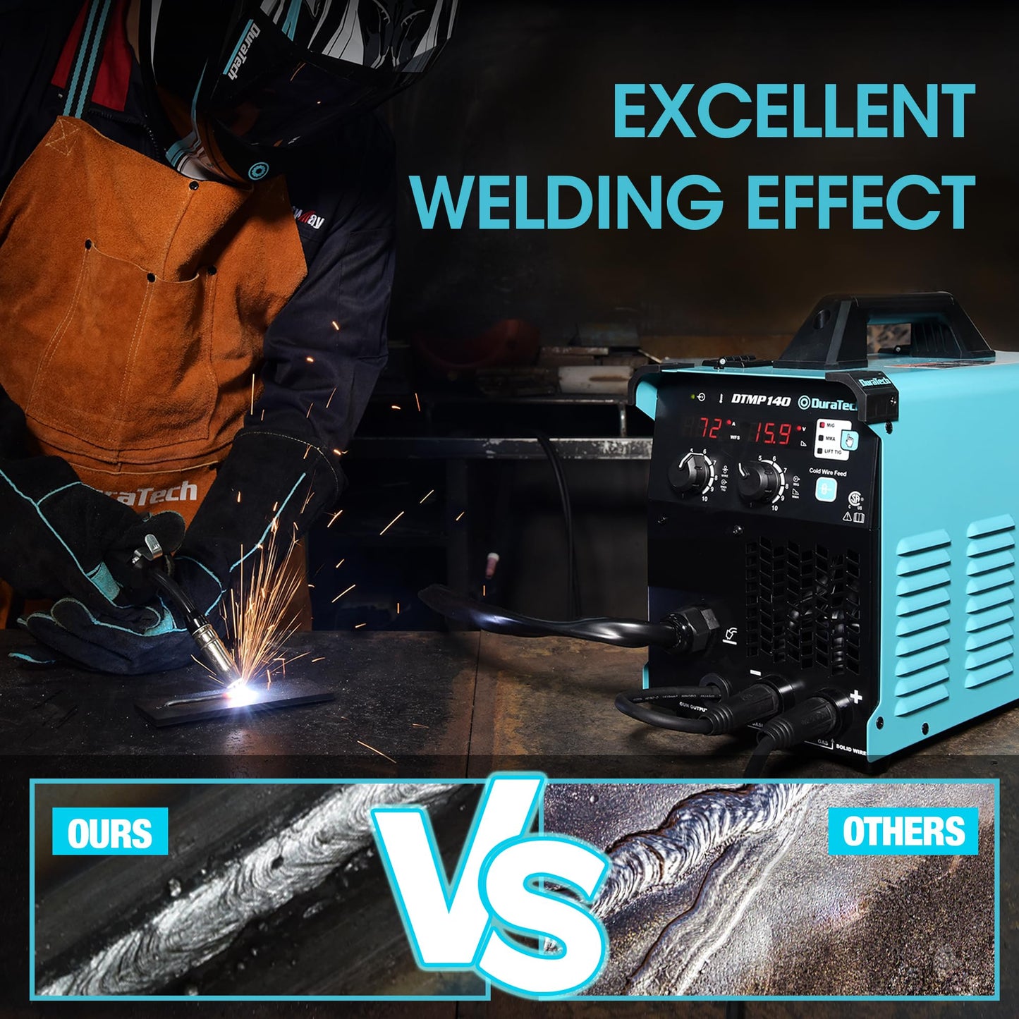 DURATECH 140Amp MIG Welder, 120V 4-in-1 Welding Machine Flux Core Gasless/Solid Core Gas Shielded/TIG/Stick Welder Suitable for 2 to 11lbs Welding Wire, IGBT Inverter Portable Welder with Welding Gun