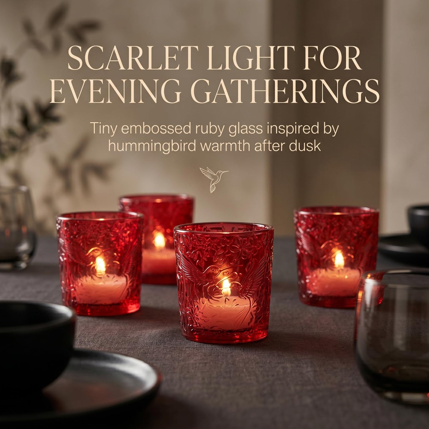 6 Pack Hummingbird Embossed Glass Candle Holders Votive Tealight Holders with Patent Design, Decorative Cups for Wedding Centerpieces, Parties, and Home Decor (Crimson Glow)