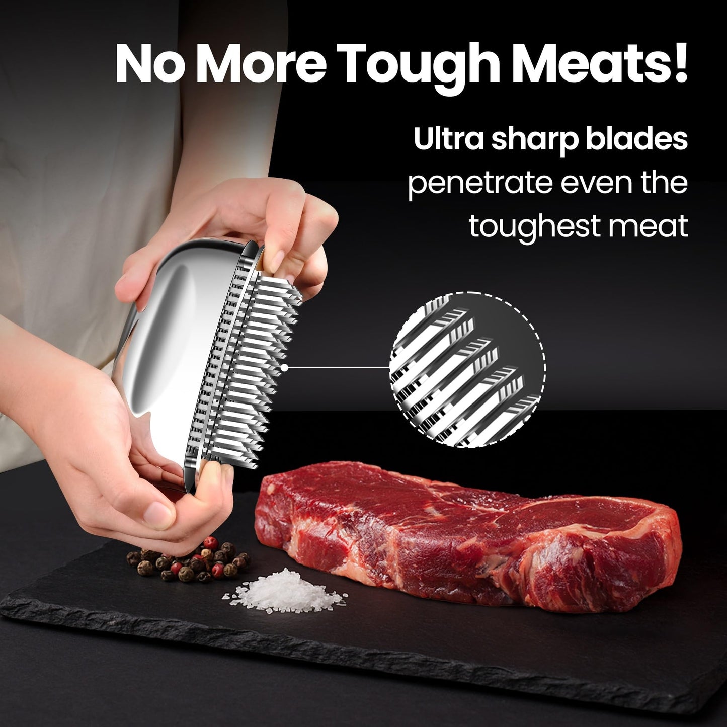 Meat Tenderizer Tool – Hassle Free Extra Long Handle, Rustproof One-Piece Meat Tenderizer Mallet & Hammer, Stainless Steel Blade Needle, Steak Cooking Accessories, No Assembly Needed, 5-Year Warranty