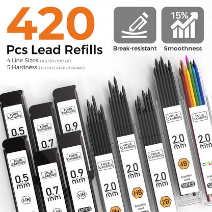 Four Candies Metal Mechanical Pencil Set, 3PCS Art Drafting Pencils 0.5, 0.7, 0.9MM & 2PCS 2MM Mechanical Drawing Pencils with 420PCS Leads (4B 2B HB 2H Color) for Writing Sketching Drawing (Black)