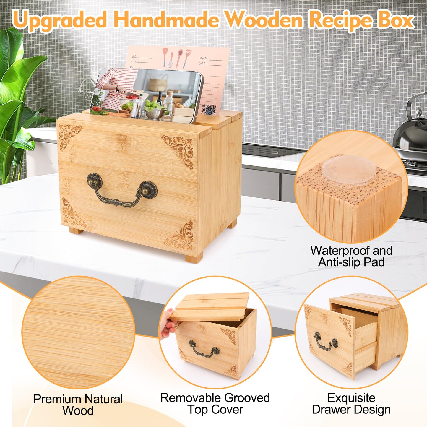 Coitak Wooden Recipe Box With 50 Double Sided 4x6 Recipe Cards, 6 Dividers, 1 Roll Stickers, 1 Pen Removable Recipe Card Holder Organizer