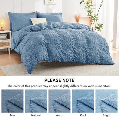 HYMOKEGE Queen Comforter Set - 7-Piece Mineral Blue Seersucker Luxury Bedding | All-Season Bed in a Bag