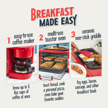 Nostalgia 3-in-1 Breakfast Station - Includes Coffee Maker, Non-Stick Griddle, and 4-Slice Toaster Oven - Versatile Breakfast Maker with Timer - Aqua