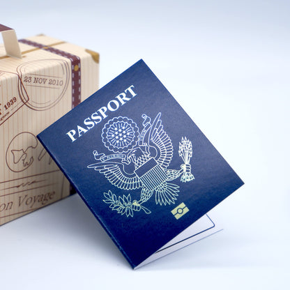 DIY Surprise Mini Suitcase & Mini Gold foil Pretend USA Passport Reveal Gift bundle (DIY). Perfect for Valentines, vacations, birthday, family trips away!