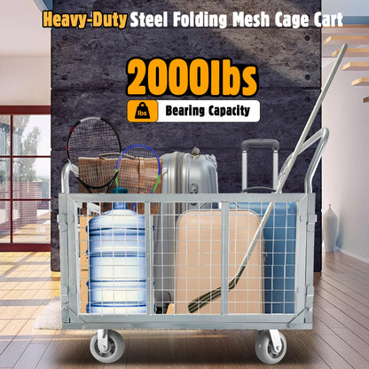 Platform Truck Cart with Cage, Multipurpose 6 in1 Foldable Flatbed Cart Heavy Duty Push Cart Dolly W/Swivel Wheels 2000lbs Capacity Utility Hand Cart for Grocery/Laundry/Stall/Storage