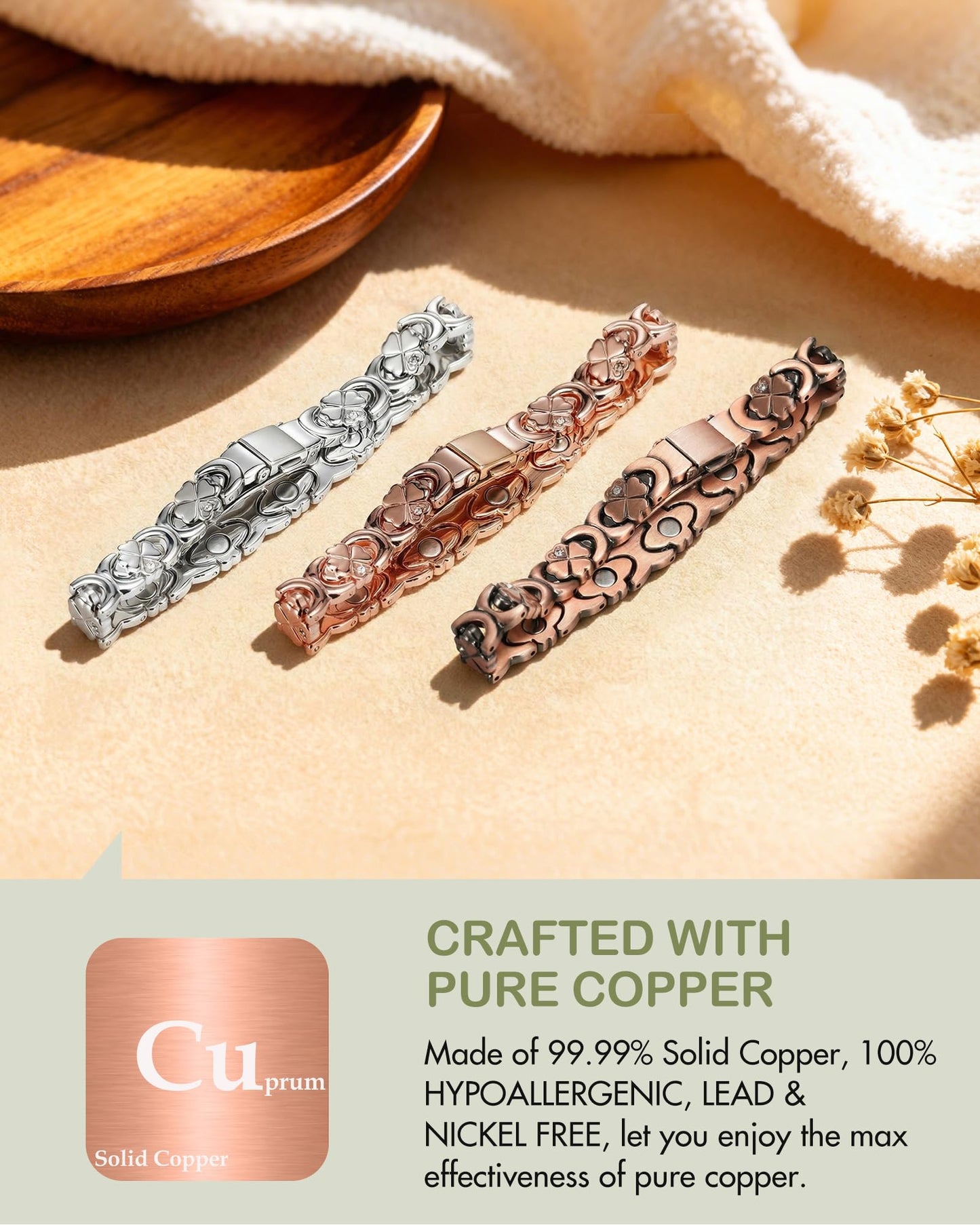 Feraco Pure Copper Bracelets for Women, Ultra Strength Magnetic Bracelet for Women with 3800 Gauss Magnet & Sparkling Cubic Zirconia, Flower Jewelry Gift, Infinite Symbol (Rose Gold)