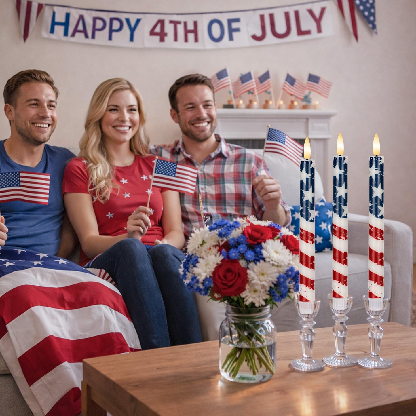 SEHNSY 4th of July Flameless Taper Candles with Remote and Timer, Real Wax Red White and Blue American Flag LED Candles, 250th Anniversary Patriotic Battery Operated Taper Candle Set