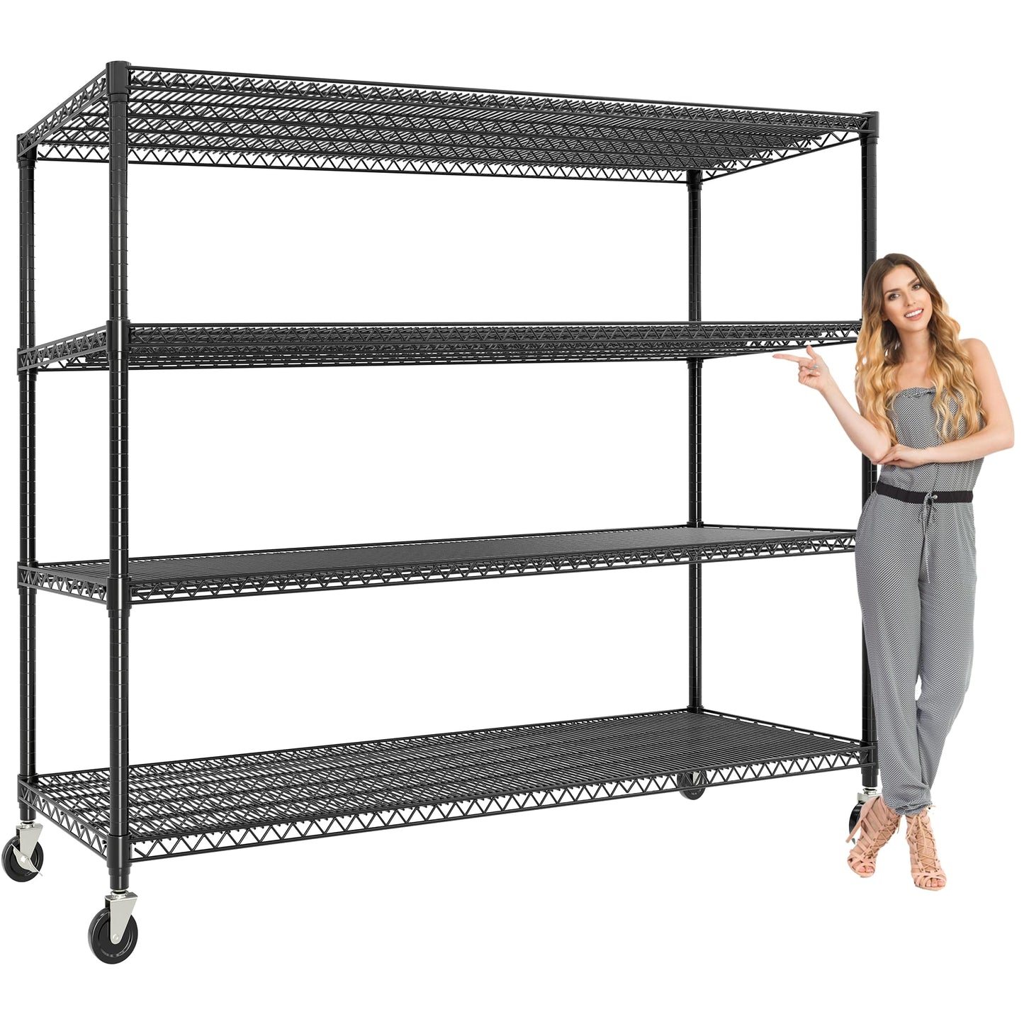 Metal Storage Shelving with Wheels, 4 Tiers Heavy Duty Rolling Storage Shelves with Adjustable Wire Racks, 59"W*74"H*24"D Garage Shelving Units, 2640LBS, for Kitchen Pantry Commercial Industrial,Black