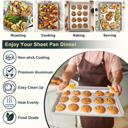 Wildone Baking Sheet with Rack Set (2 Pans + 2 Racks), Natural Aluminum Commercial Quality Cookie Sheet with Cooling Rack, Nonstick Baking Pan, Warp Resistant & Heavy Duty, Half Sheet Size