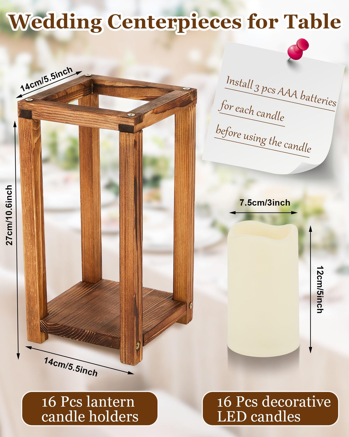 Huquary 32 Pcs/16 Set Wooden Wedding Lantern Centerpiece Include Farmhouse Candle Holders and Flameless LED Candles for Rustic Wedding Table Decoration