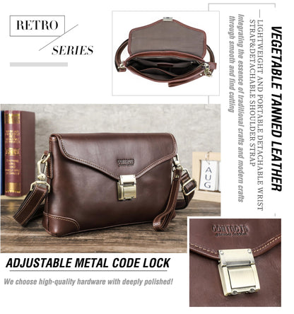 Top Grain Genuine Leather Clutch Wallet for Man & Woman, Handmade Retro Design, Combination Lock & Adjustable Shoulder Strap & Wristlet, Portable Handbag for Cards/Checks/Phone/Banknote, Dark Coffee