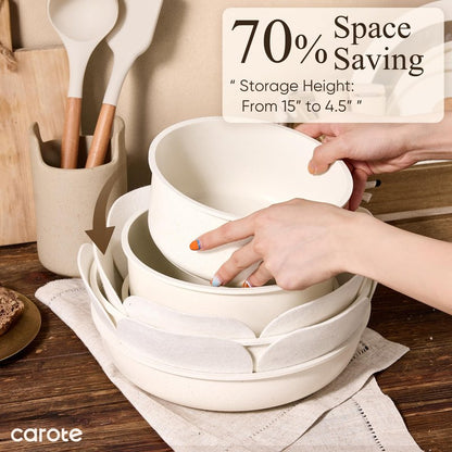 CAROTE Pots and Pans Set Non Stick, Cookware Sets, Kitchen Set, Oven/Dishwasher/Fridge Safe, Space Saving Pots Set, Nonstick Set with Versatile Detachable Handle, Induction RV Set, Cream