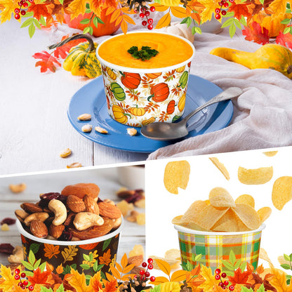 Uiifan 50 Pcs Fall Snack Cups 8 oz Disposable Pumpkin Bowls Maple Leave Plaid Thanksgiving Cups Disposable Dessert Fall Party Bowls for Ice Cream Soup Hot Cold Food Party Supplies 5 Styles