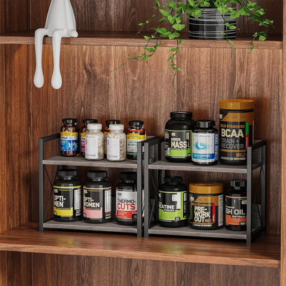 Giikin Countertop Shelf Organizer, 2 Tier Kitchen Spice Rack Organizer for Countertop, Wood Coffee Counter Shelf Organizer for Home (Grey, S)
