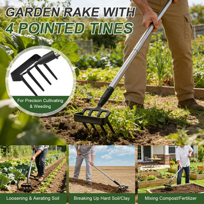 REILEIHODE Hoe Garden Tool for Weeding 2-in-1 Heavy Duty Metal Stirrup Hoe 4 Tines Prong Weed Hoe with 25-74 inch Long Adjustable Handle for Women Kids Men
