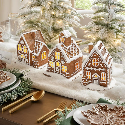 Skiennix Light-Up Gingerbread House Christmas Decorations | 3-Piece Collectible Figurines with LED Lights