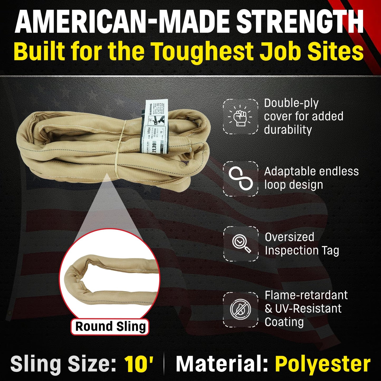 Chenango Supply VR4 10 Foot Endless Round Lifting Sling – USA Made Polyester, 10,600 lb Vertical, 8,500 lb Choker, 21,200 lb Basket – Double-Ply Cover, Tan Poly Round Rigging Sling (10 FT)