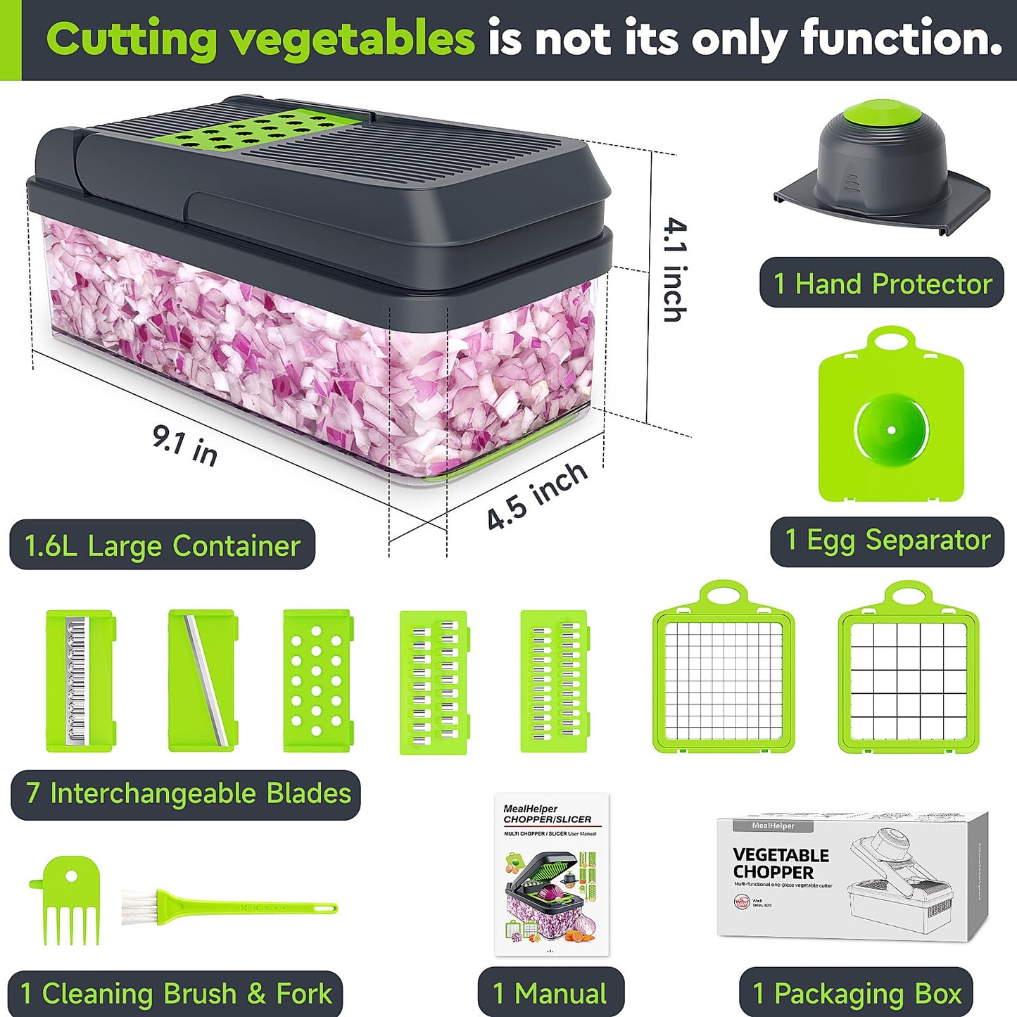MealHelper 12-in-1 Vegetable Chopper, 7 Blade Veggie Chopper, Practical Food Chopper with Container, Cheese Grater, Home Essentials & Kitchen Gadgets(Green/Grey)