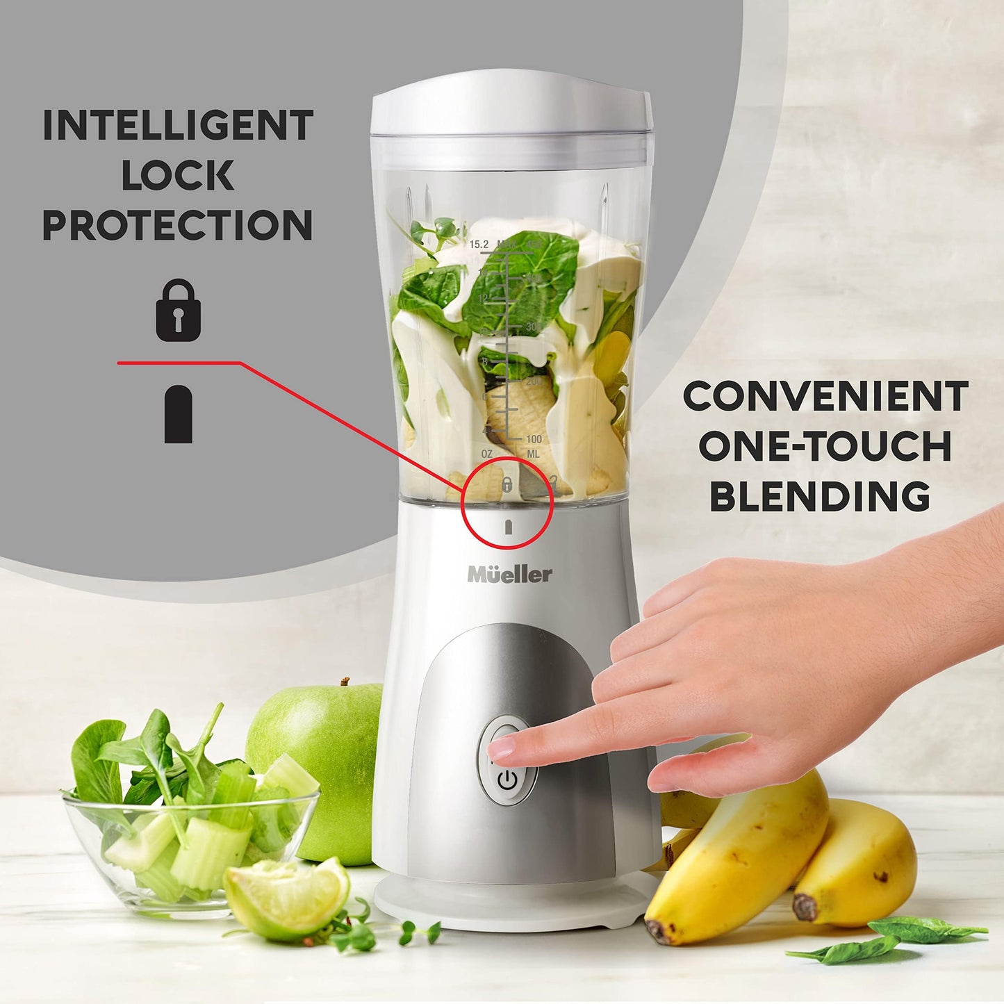 Mueller Smoothie Blender for Smoothies - Personal Blender for Shakes, Frozen Drinks, Baby Food & More, 15oz Travel Cup and Lid, Durable Stainless Steel Blades for Powerful Blending Performance, Black