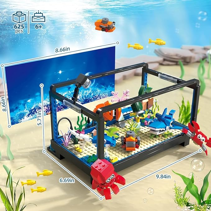 Fish Tank Building SetCompatible with Lego Aquarium Including Marine Life AnimalsCreative Lighting Fish Tank with Submarine Educational Building Toys for Kids 6-12(625Pieces)