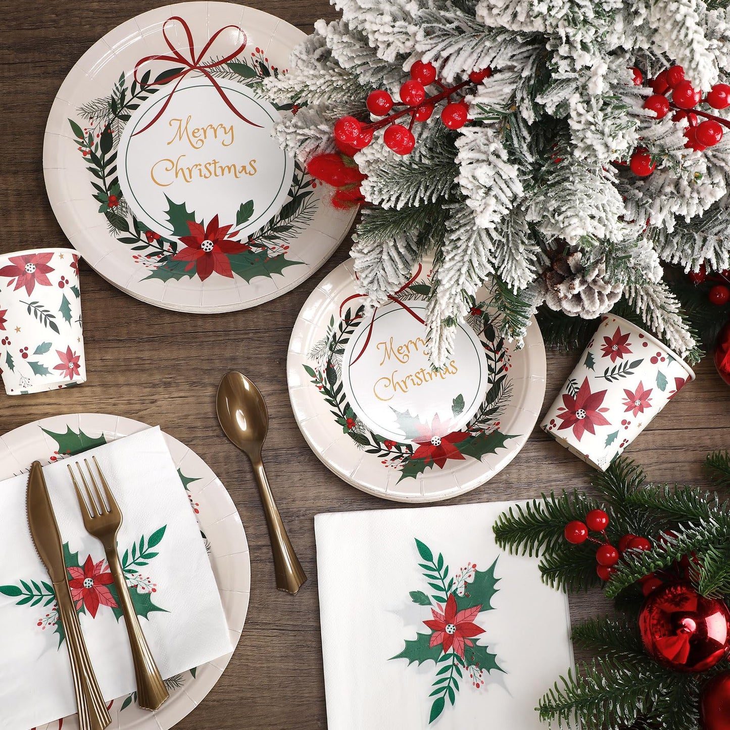 Sliner 350 Pcs Christmas Party Supplies Disposable Christmas Tableware Set 100 Paper Plate 50 Cup Napkin Knives Fork Spoon Xmas Holiday Party Dinnerware Table Decoration Classic Xmas Tableware