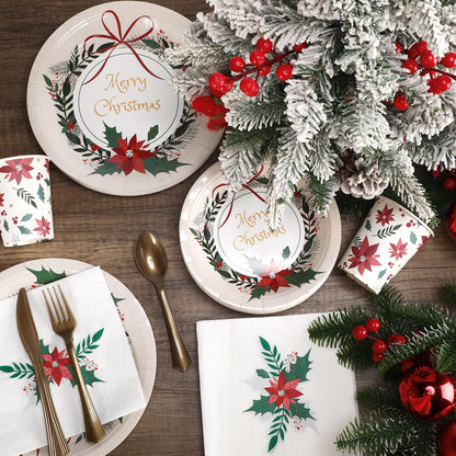 Sliner 350 Pcs Christmas Party Supplies Disposable Christmas Tableware Set 100 Paper Plate 50 Cup Napkin Knives Fork Spoon Xmas Holiday Party Dinnerware Table Decoration Classic Xmas Tableware